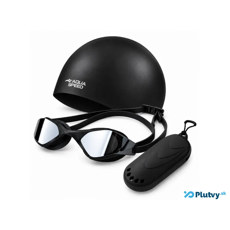 Plavecký set All Black – okuliare, čiapka, puzdro