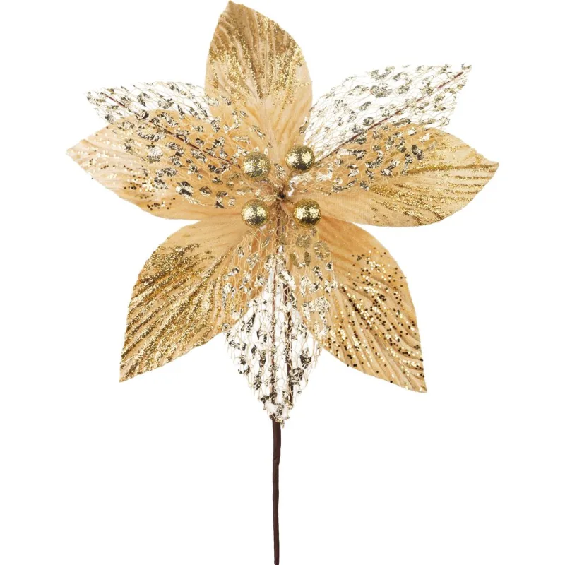 Kvet MagicHome Vianoce, poinsettia, zlatý, 17 cm, veľkosť kvetu: 22 cm
