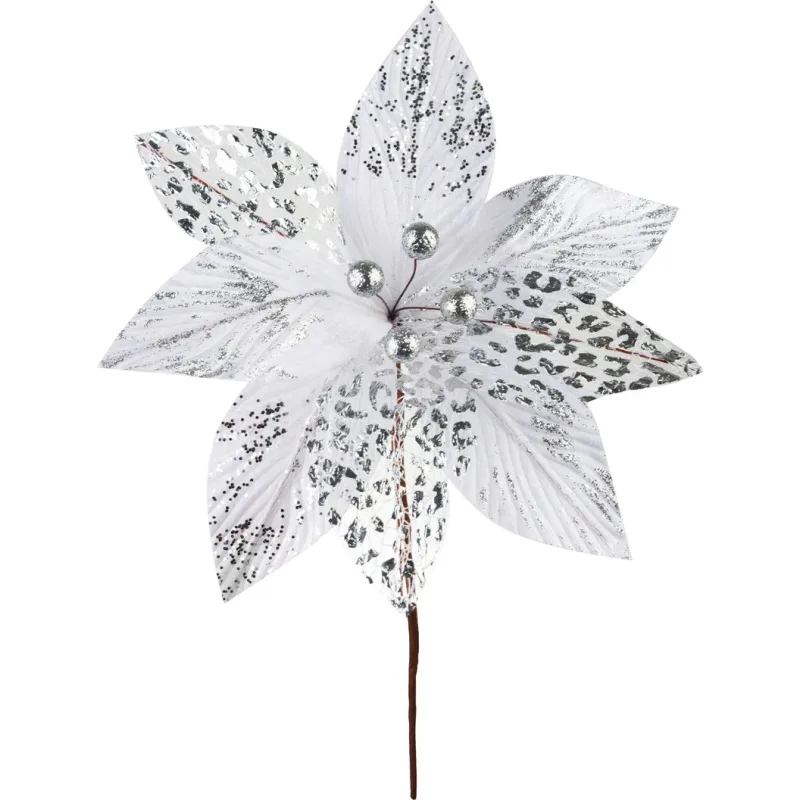 Kvet MagicHome Vianoce, poinsettia, strieborný, 17 cm, veľkosť kvetu: 22 cm
