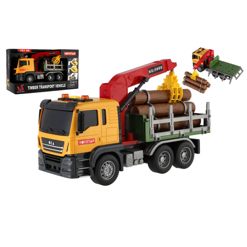 Teddies Auto nákladní s hydraulickou rukou a dřevem 26cm na setrvačník na baterie se světlem, zvukem v krab
