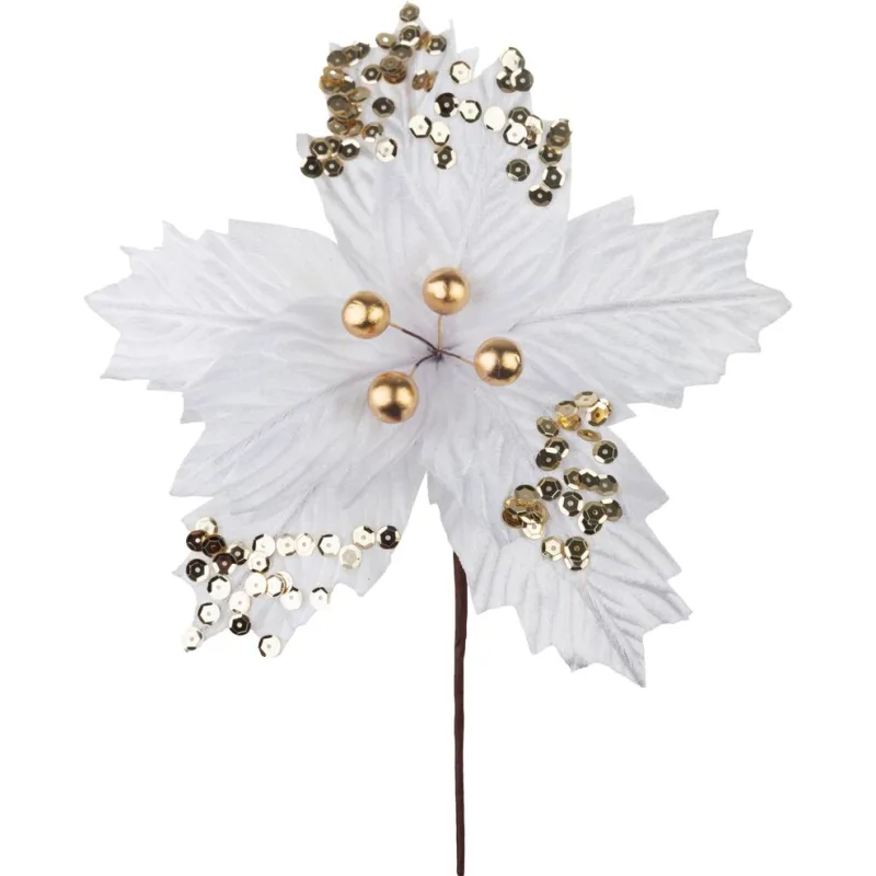 Kvet MagicHome Vianoce, poinsettia, s guľkami, biely, 18 cm, veľkosť kvetu: 20 cm