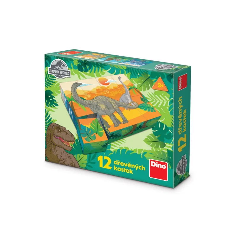 Dino Kostky kubus Jurský svět dřevo 12ks v krabičce 22x18x4cm