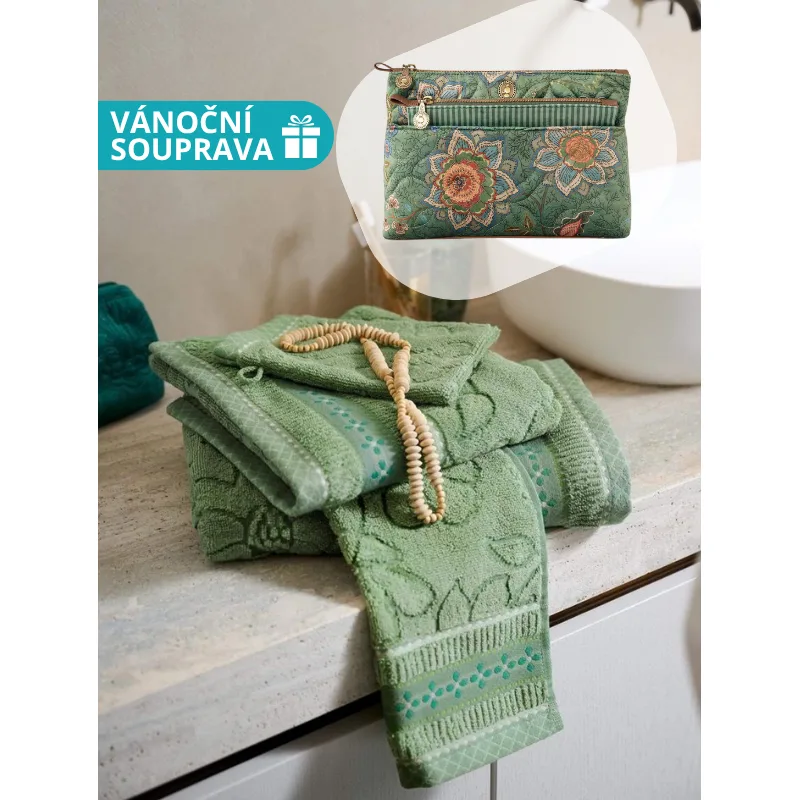 Set ručníku Jasmin Jacquard a kosmetické tašky Mumbai Morning - zelený