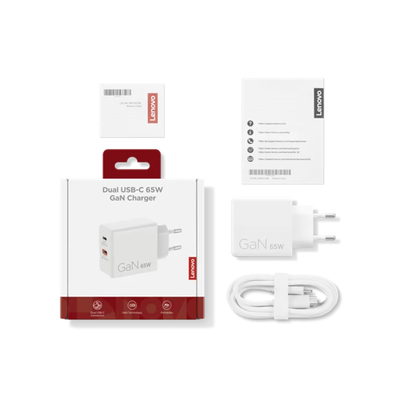 Lenovo Dual USB-C 65W GaN Charger White