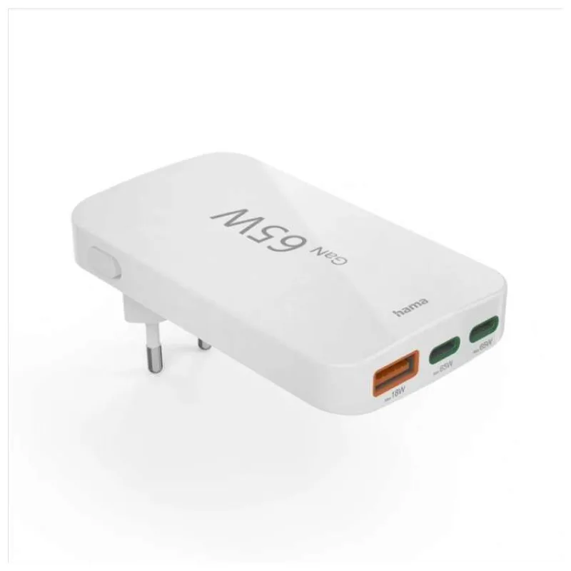 Hama rýchla USB nabíjačka GaN 2x USB-C + USB-A, PD/QC 65 W, plochá, skladacia (201976)