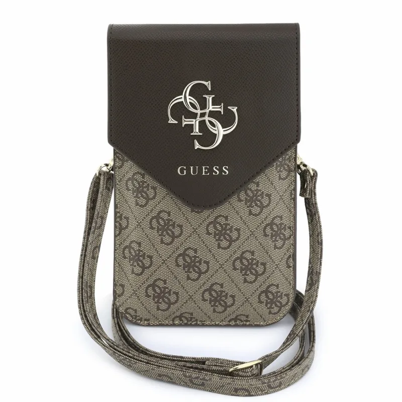 Guess PU Leather+Grained 4G Metal Logo Taška na Telefón hnedá