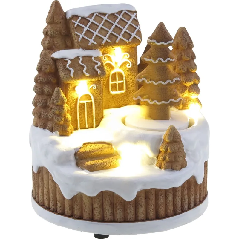 Dekorácia MagicHome Vianoce, Perníkový domček, otočný strom, LED, 3xAA, 13x12,6x14,5 cm