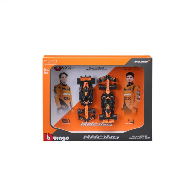 Bburago - FORMULA RACING, 2 Pack – McLaren Team MCL38 (2024), #81 O. Piastri + #4 L. Norris, 1:43