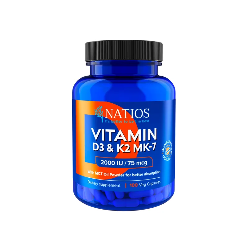NATIOS Vitamín D3 & K2 (MenaQ7 MK-7), 2000 IU & 75 mcg, 100 kapsúl
