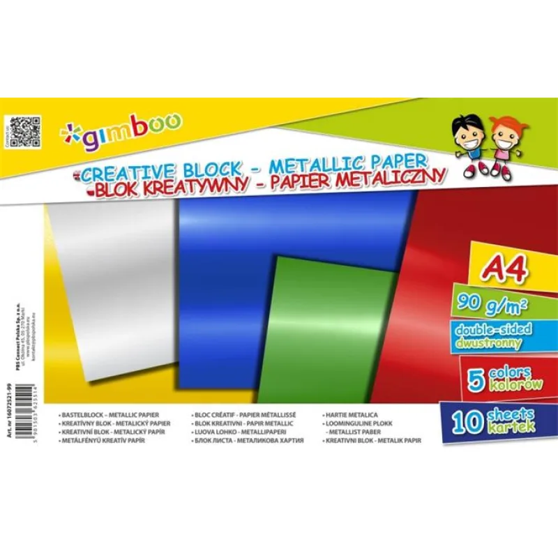 Farebný papier, A4, 90 g, 10 lap,"Gimboo", 5 rôznych kovových farieb