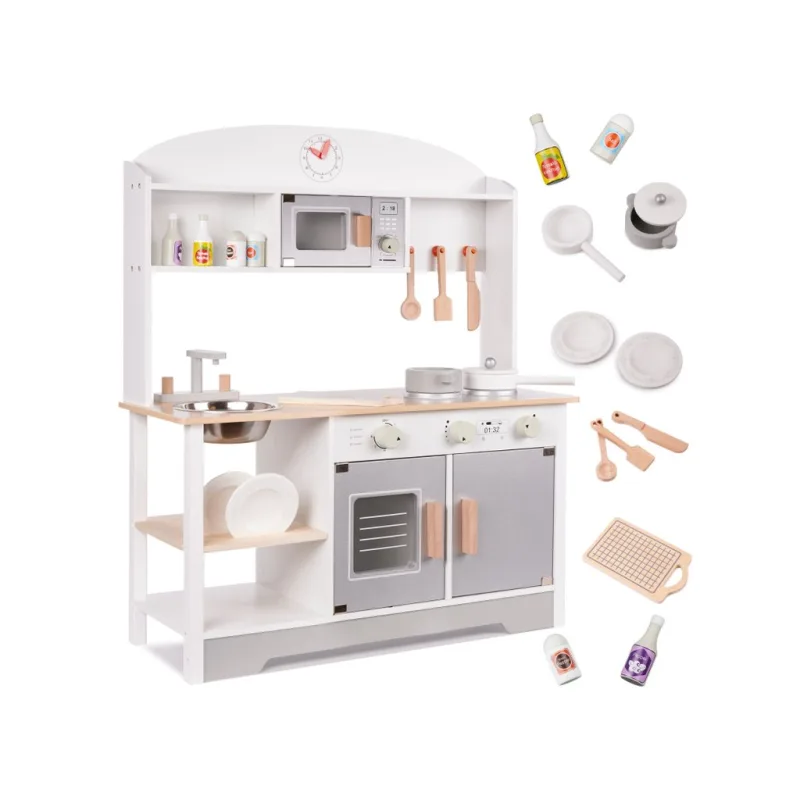 Detská drevená kuchyňa MODERN CLASSIC s príslušenstvom, 82 cm, sivá