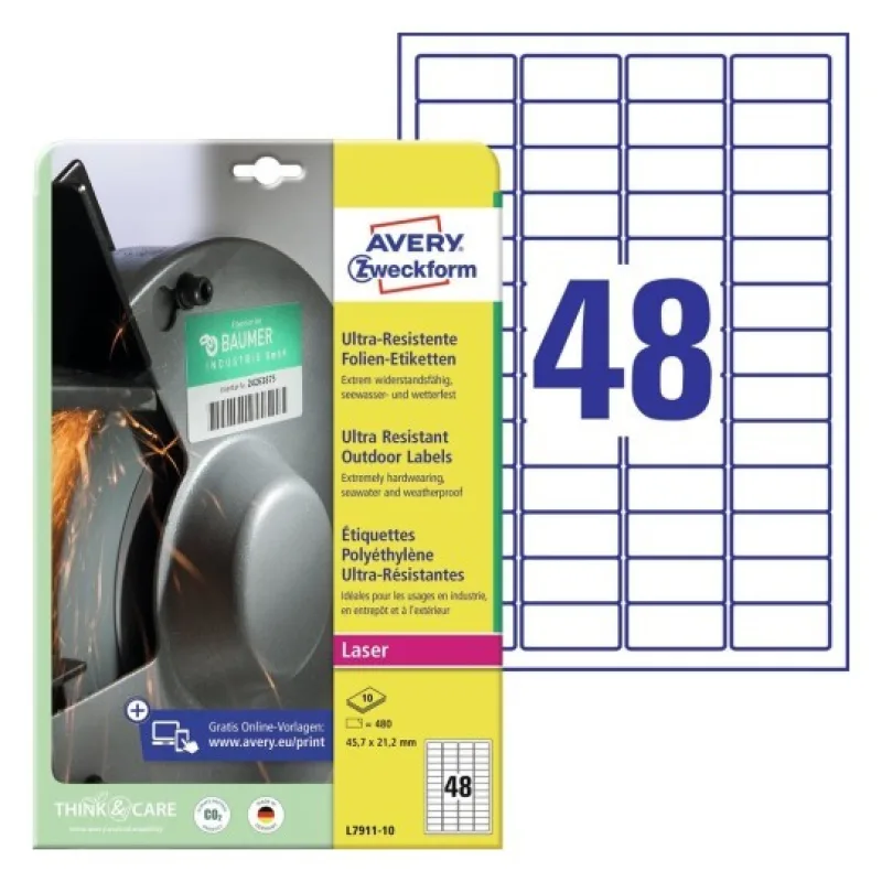 AVERY Zweckform etikety 45.7mm x 21.2mm, A4, bílé, 48 etiket, velmi odolné, baleno po 10 k