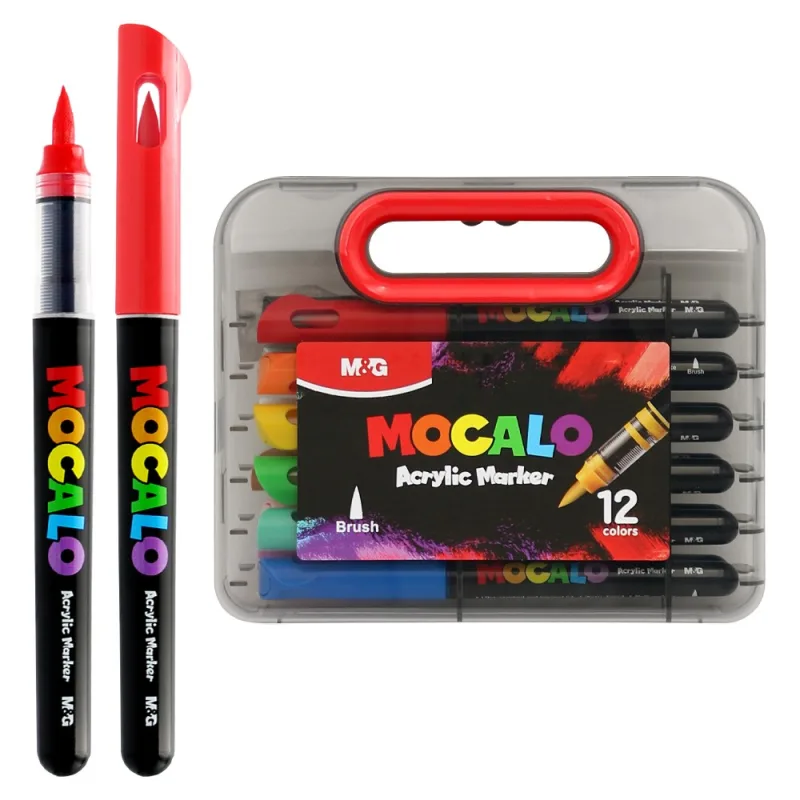 Popisovač M&G MOCALO Acrylic Marker, štetcový hrot - sada 12 farieb
