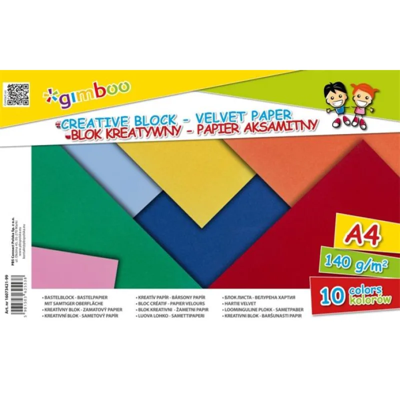 Farebný zamatový papier, A4, 140 g, 10 listov, "Gimboo", 10 rôznych farieb