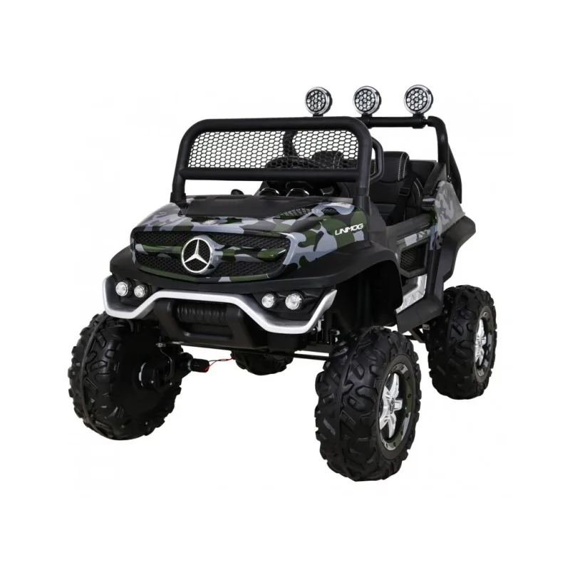 Mercedes Benz Unimog elektrické autíčko pre deti maskáčové lakované + pohon 4x4 + diaľkové ovládanie + nosič batožiny + pomalý štart + MP3 + LED