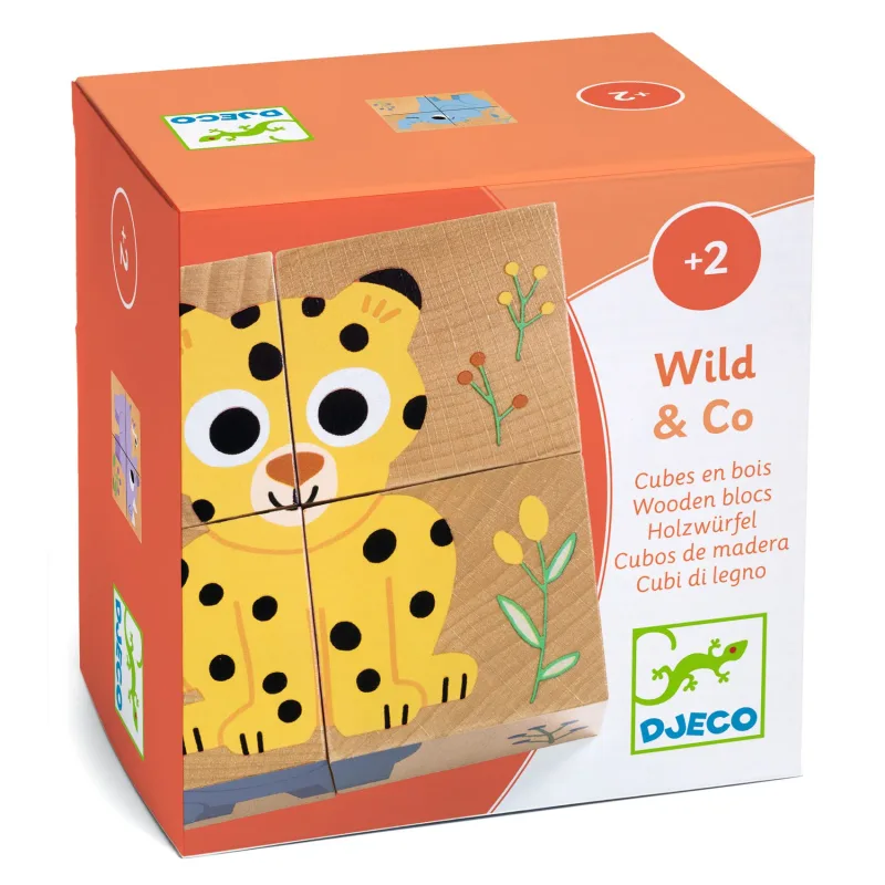 Kamaráti z divočiny: Drevené puzzle kocky