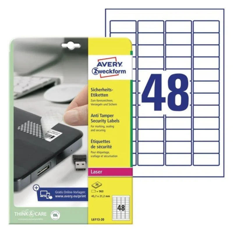 Avery Zweckform etikety 45.7/21.2mm, A4, matné, bílé, 960 etiket, s ochranou proti manipul