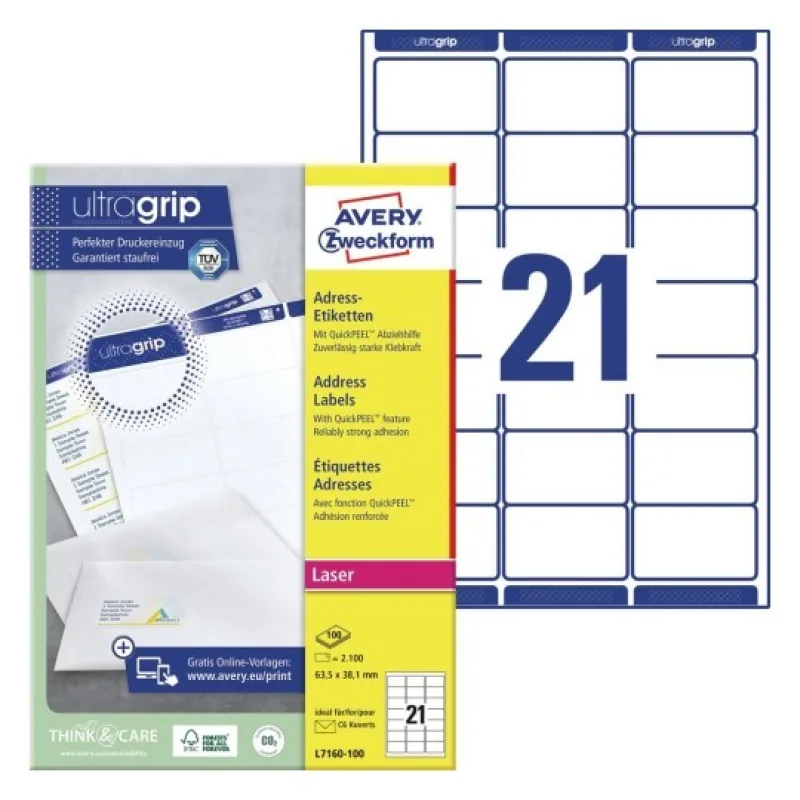Adresní etikety AVERY QuickPEEL, pro laser, 63,5 x 38,1 mm, 100 listů, A4, bílé - L7160-10