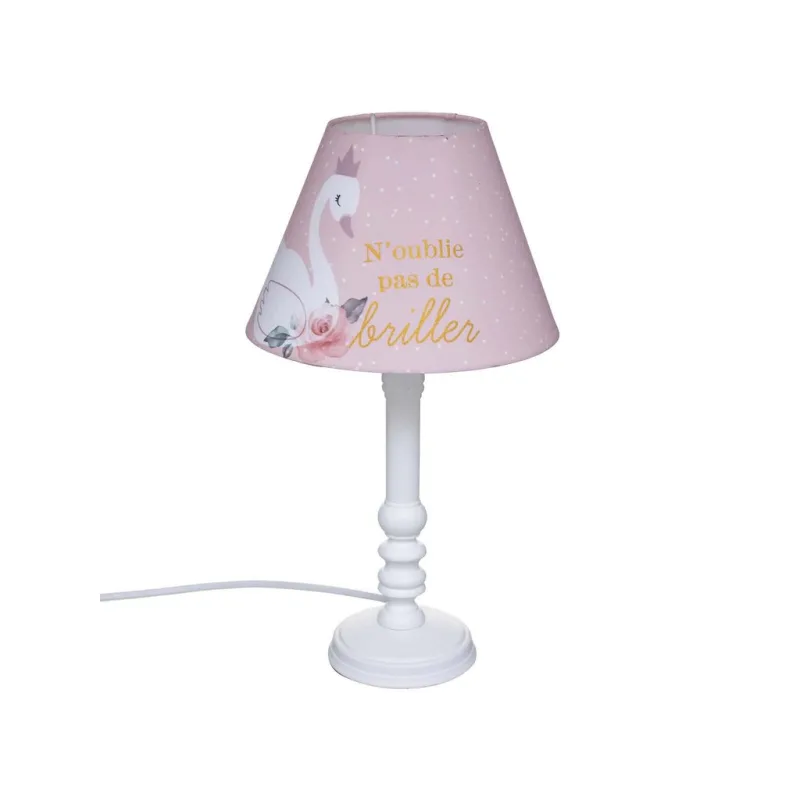 Detská nočná lampa Princess Labuť s látkovým tienidlom a borovicovým podstavcom