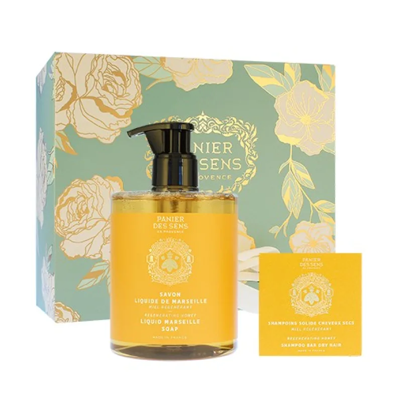 Panier Des Sens Regenerating Honey darčeková sada tekuté mydlo 500 ml + tuhý šampón pre suché vlasy 75 g