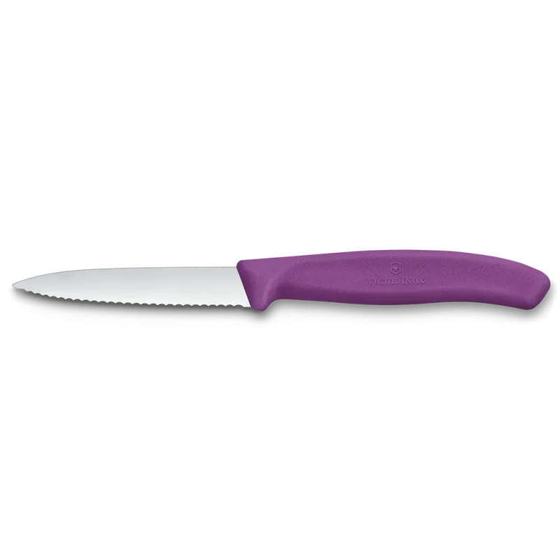 Victorinox 6.7635.C1 univerzálny kuchynský nôž, 8 cm zúbkovaná špicatá čepeľ, fialový