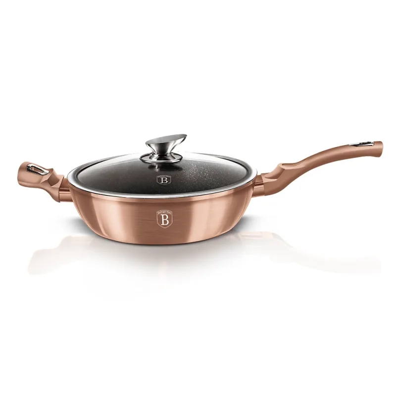 BERLINGERHAUS Deep frying pan with a marble finish and lid, 28 cm, Rosegold Metallic Line