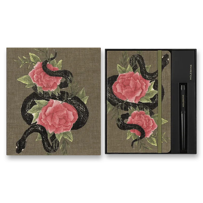 Súprava Moleskine Snake Roses - zápisník, guľôčkové pero - L, darčeková súprava