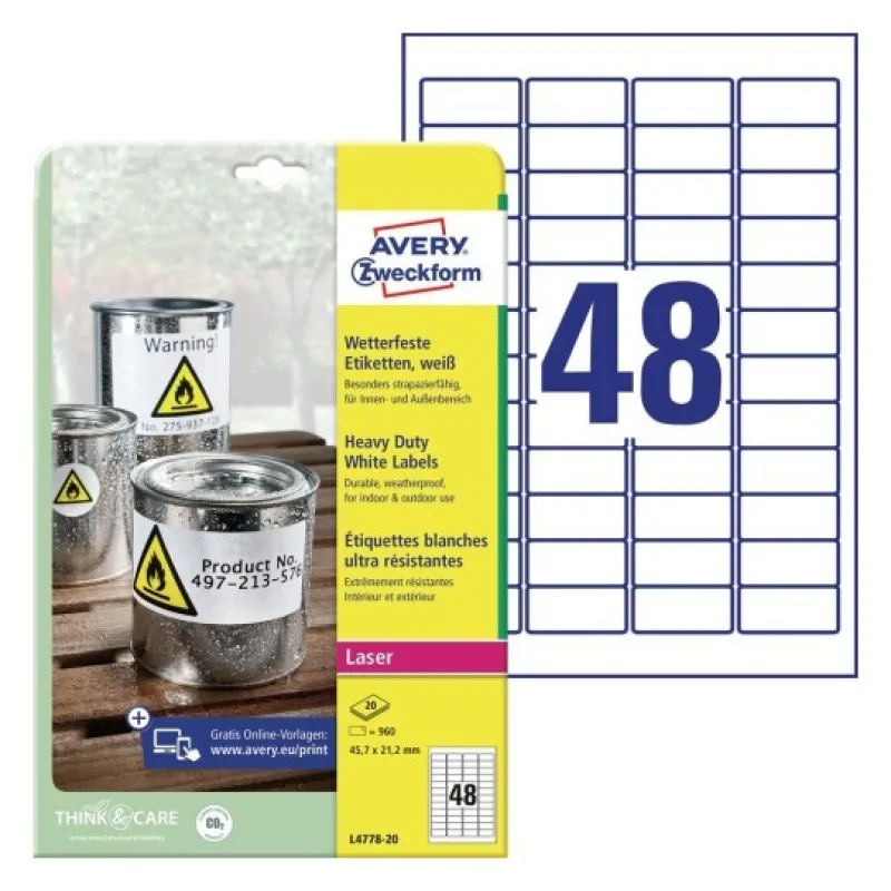 Avery Zweckform etikety 45.7mm x 21.2mm, A4, matné, bílé, 48 etiket, velmi odolné, baleno