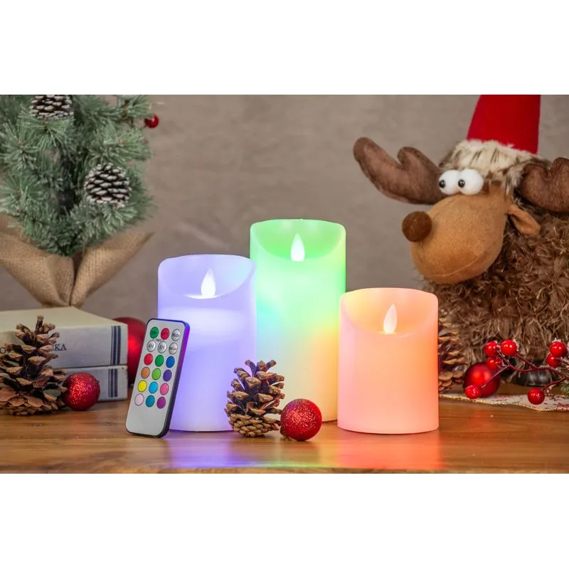 Sviečky MagicHome Vianoce, sada 3 ks, LED, 3xAAA, pravý vosk, jednoduché svietenie, časovač, pohyblivý plameň, 7,5x10; 12,5; 15 cm